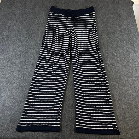 Pact Pants - Pact Organic Cotton Linen Knit Striped Wide Leg Lounge Pants Navy White Medium